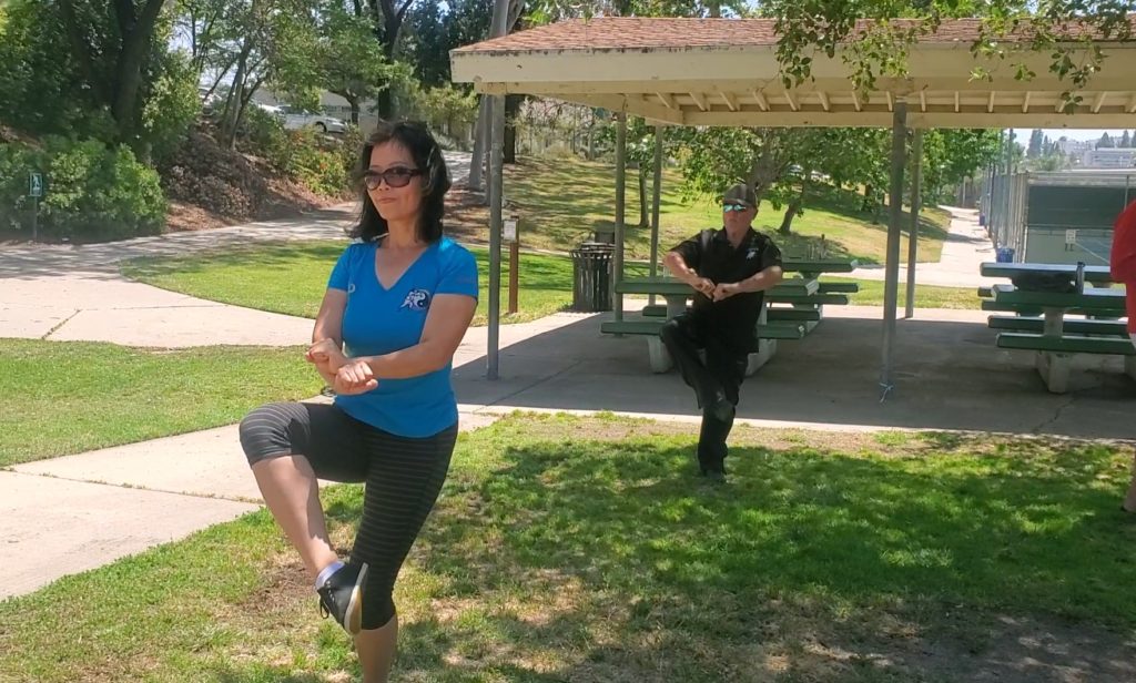 Shifu John Page and Shifu Lily Kang are doing Wu Style 108 Taichi standard forms at the park.
